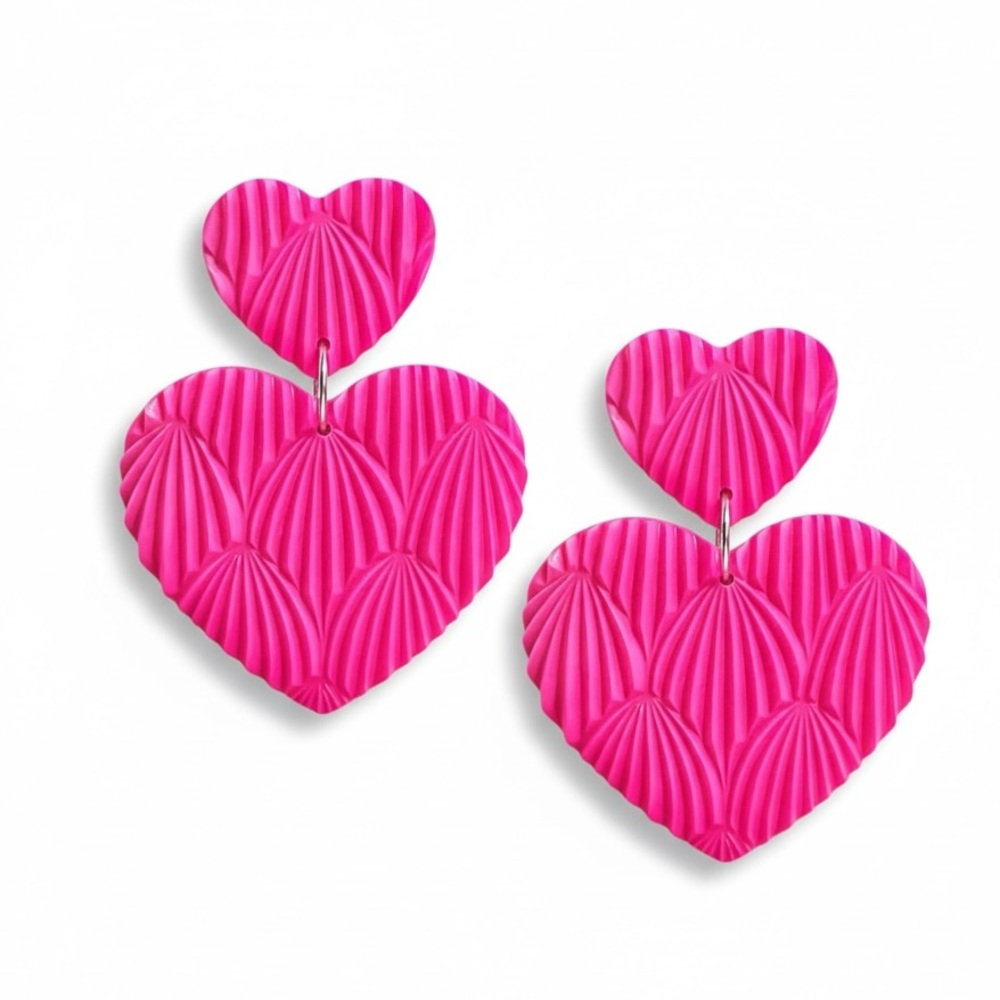 Hot Pink Triple Heart Dangle Earrings Polymer Clay Lightweight Valentine NWT - Picture 14 of 14